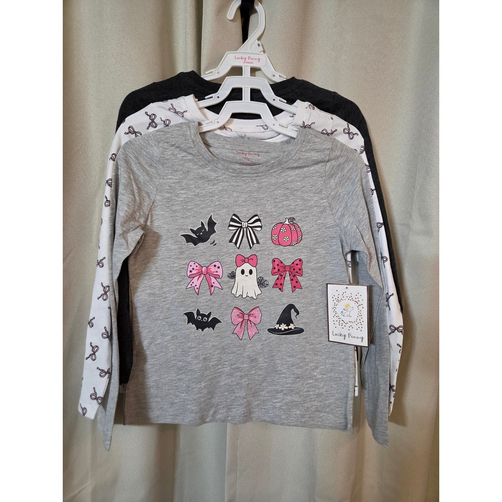 Lucky Penny Girls 3 Pack Halloween Long Sleeve Graphic Tees Grey White Black 8
